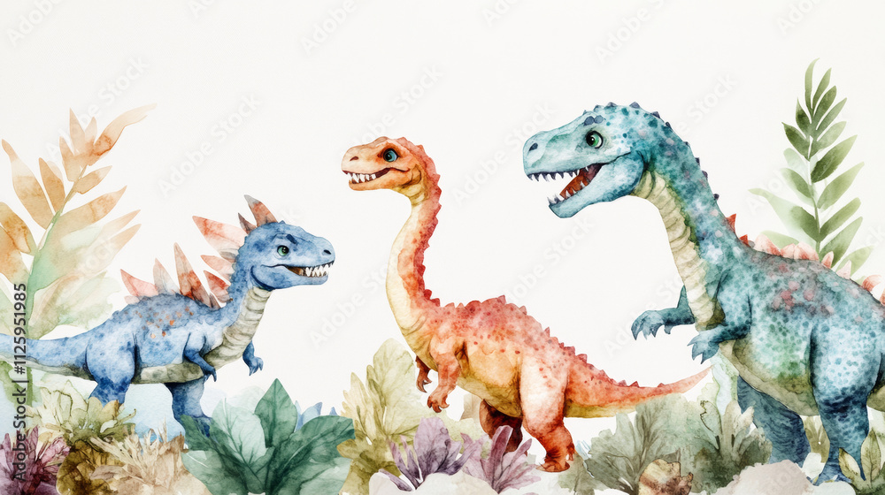 Fototapeta premium Playful watercolor dinosaurs in prehistoric scene with vibrant colors