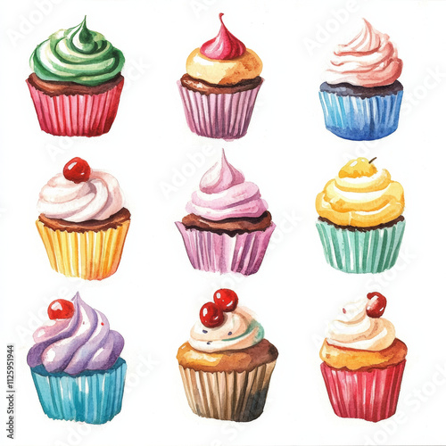 Delightful watercolor cupcakes illustrated in vibrant colors and playful designs