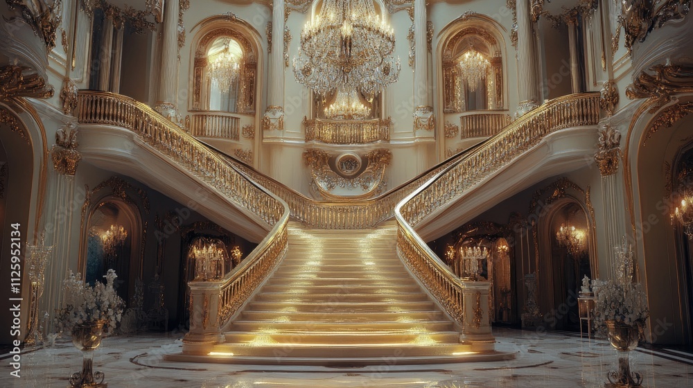 Fototapeta premium A luxurious palace interior showcasing a grand staircase with intricate railings and crystal chandeliers.