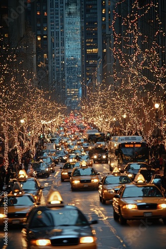 The city's main thoroughfare lit up with holiday lights and decorations. Taxis and buses are filled with people, Generative AI 