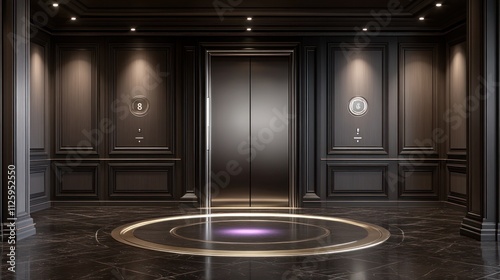 Luxurious dark elevator lobby with glowing floor.