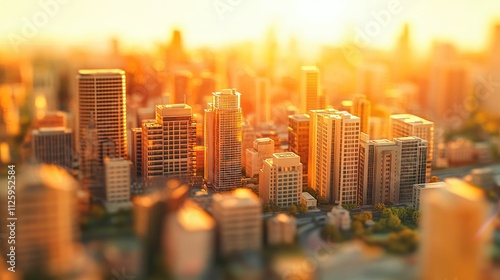 A miniature model of a modern city, bathed in the golden glow of sunset, showcasing intricate architectural details.