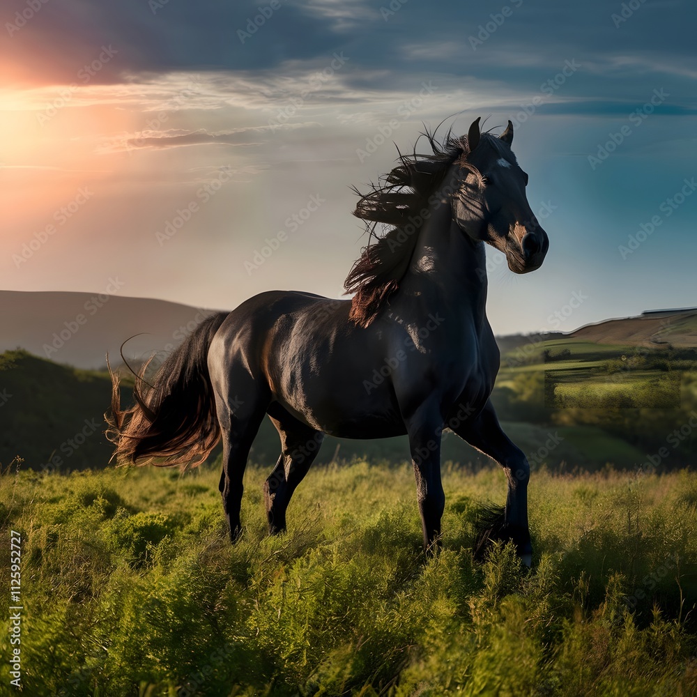 Fototapeta premium Black horse standing on a grassy hill