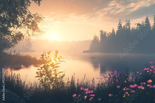 A serene lakeside scene at sunrise, featuring mist, flowers, and trees. photo