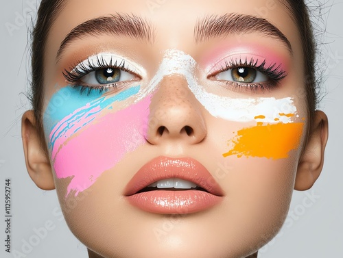 Artistic makeup mimicking watercolor splashes on the face photo