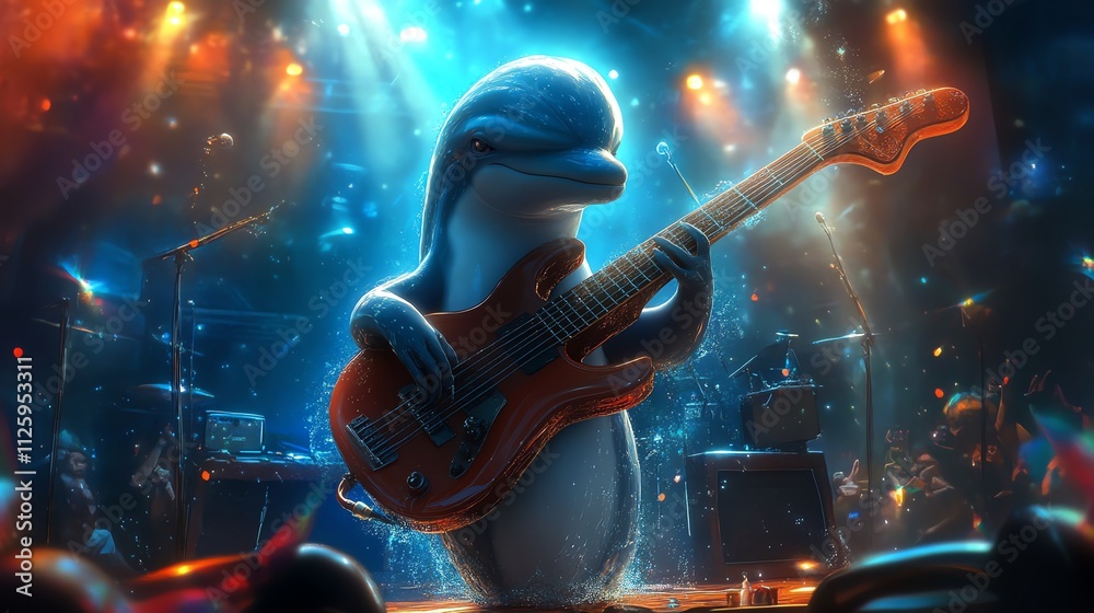 A cheerful dolphin plays an electric guitar on stage under colorful lights, showcasing a fun musical performance. A cheerful dolphin plays an electric guitar on stage under colorful lights, showcasing a fun musical performance.