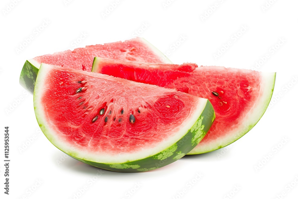 Juicy watermelon slices with seeds on a white background. Perfect for summer and fruit themed designs or food blog content Juicy watermelon slices with seeds on a white background. Perfect for summer and fruit themed designs or food blog content