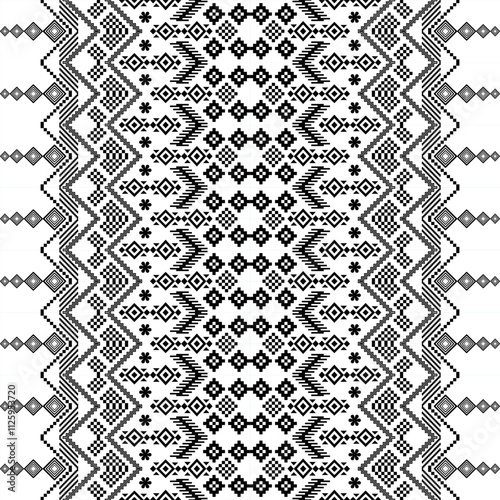 A striking black and white geometric pattern inspired by traditional ethnic art. The design features a repeating motif of diamonds, squares, and crosses, creating a bold and graphic look. 