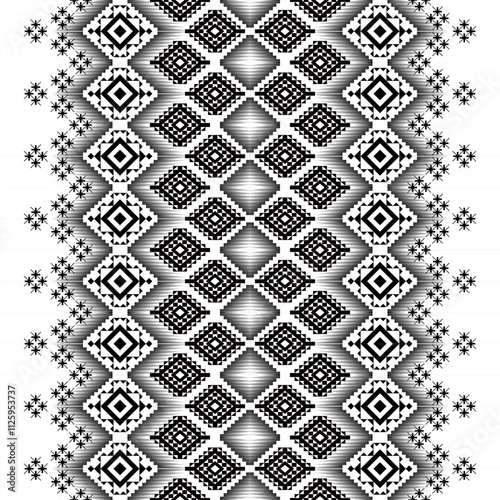 A striking black and white geometric pattern inspired by traditional ethnic art. The design features a repeating motif of diamonds, squares, and crosses, creating a bold and graphic look. 