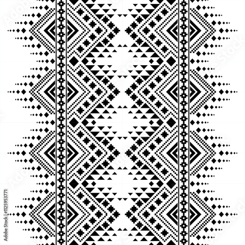 A striking black and white geometric pattern inspired by traditional ethnic art. The design features a repeating motif of diamonds, squares, and crosses, creating a bold and graphic look. 