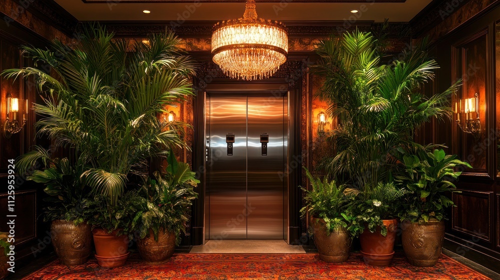 Fototapeta Luxurious hotel elevator lobby with plants and chandelier.