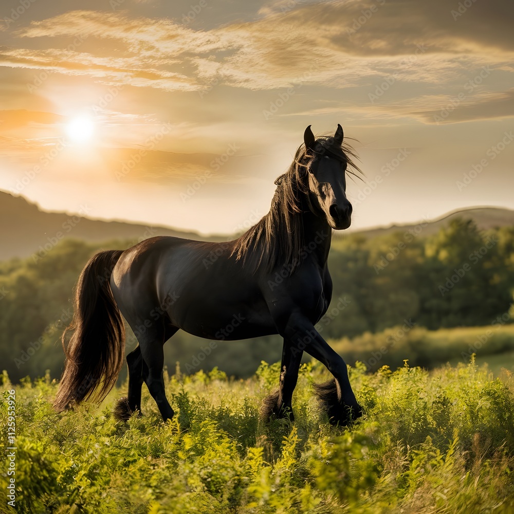 Fototapeta premium Black horse standing on a grassy hill