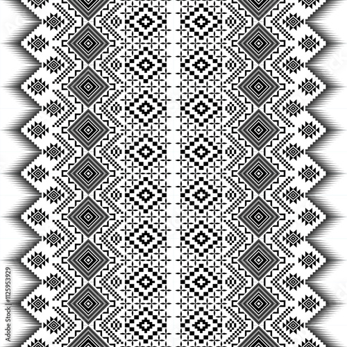A striking black and white geometric pattern inspired by traditional ethnic art. The design features a repeating motif of diamonds, squares, and triangles, creating a bold and graphic look.