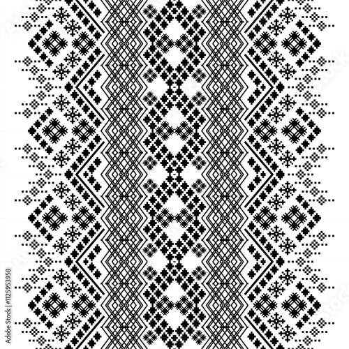 A striking black and white geometric pattern inspired by traditional ethnic art. The design features a repeating motif of diamonds, squares, and crosses, creating a bold and graphic look. 