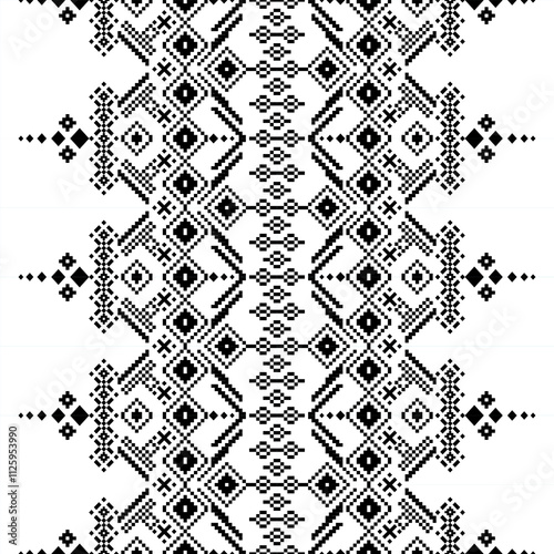 A striking black and white geometric pattern inspired by traditional ethnic art. The design features a repeating motif of diamonds, squares, and crosses, creating a bold and graphic look. 