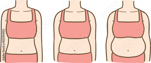 スリム～肥満体型の女性の上半身のイラスト