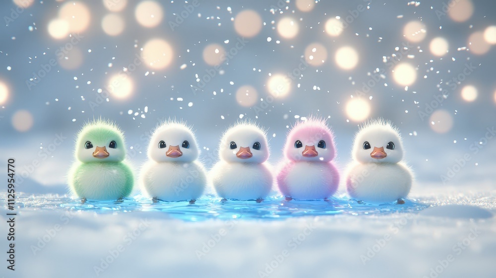 Adorable Pastel Ducklings Winter Wonderland Scene Adorable Pastel Ducklings Winter Wonderland Scene