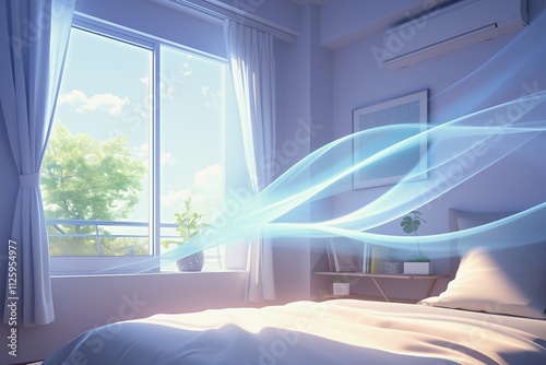 blue waves of fresh clean air in white bed room. Fresh scent and air filtration effect
