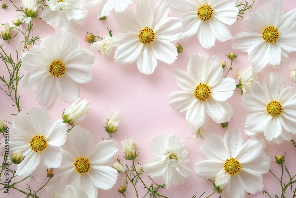 White cosmos flowers arranged in a frame on a pink background. White cosmos flowers arranged in a frame on a pink background.
