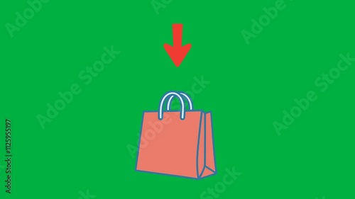 Animation of orange shopping bag and sign arrow pointing on it. 4K video green screen. Add more item E-Commerce concept.
