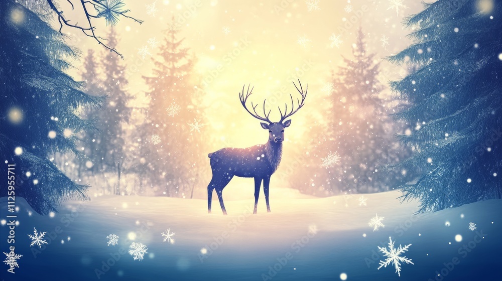 christmas banner with magical scene of a reindeer in center background concept christmas banner with magical scene of a reindeer in center background concept