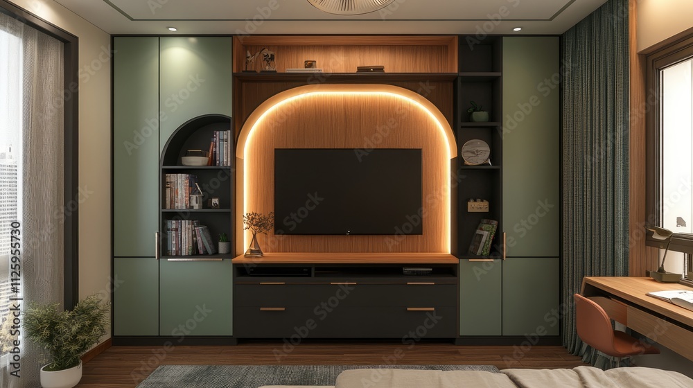 Modern Living Room with TV and Built-in Bookshelves Modern Living Room with TV and Built-in Bookshelves