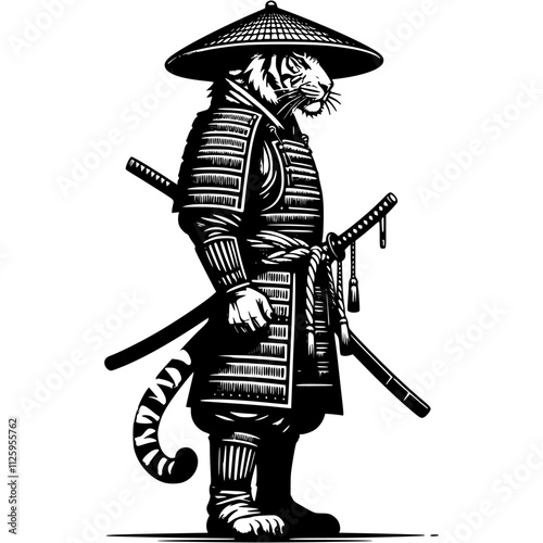 Samurai warrior in armor tiger stands in fighting stance with katana sword in monochrome. Wild wildcat animal. Tattoo minimalistic vector in black ink drawing on transparent background