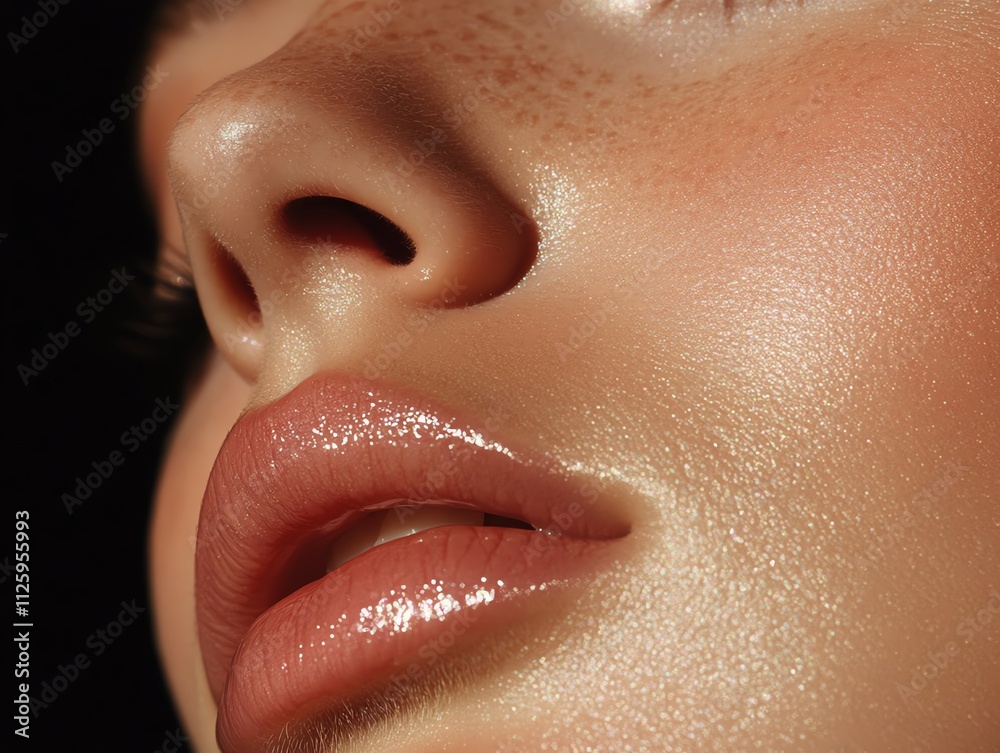 Fototapeta premium Highgloss makeup focusing on lips and cheekbones, reflecting light