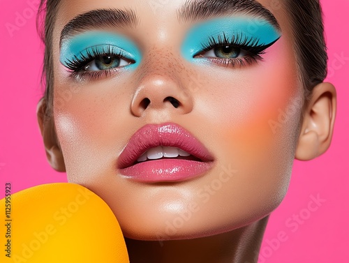 Highfashion editorial makeup featuring bold monochromatic color blocking