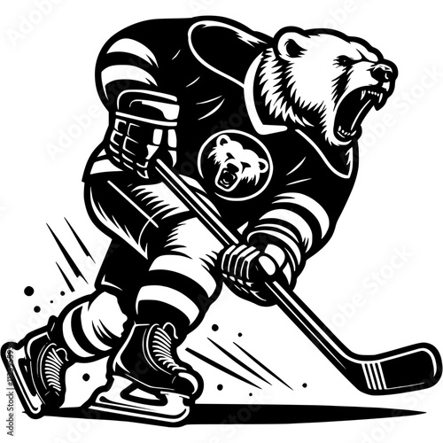 Polar bear hockey player learn to attack the opponent goal in monochrome. Simple minimalistic vector in black ink drawing on transparent background