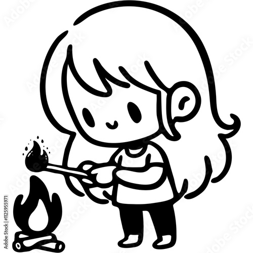 Girl lights a fire with match in monochrome. Careful handling of matches and fire. Simple minimalistic vector in black ink drawing on transparent background