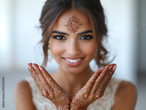 Intricate hennainspired designs on the face and hands photo