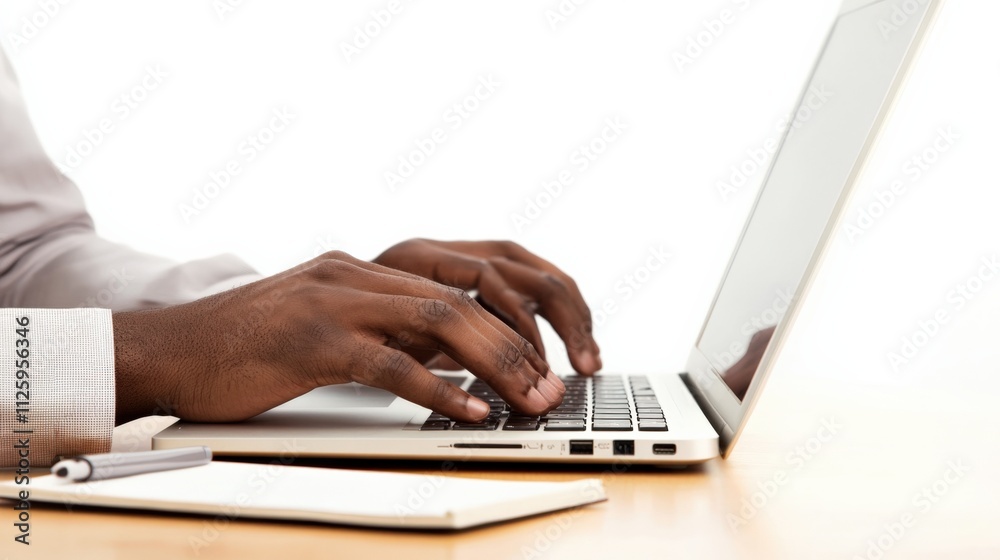 hands typing on a laptop with a notepad and pen hands typing on a laptop with a notepad and pen