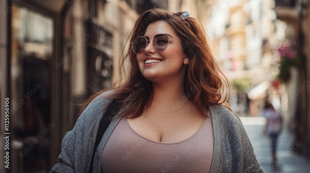 Happy plus-size woman smiling while walking outdoors in city street. Happy plus-size woman smiling while walking outdoors in city street.