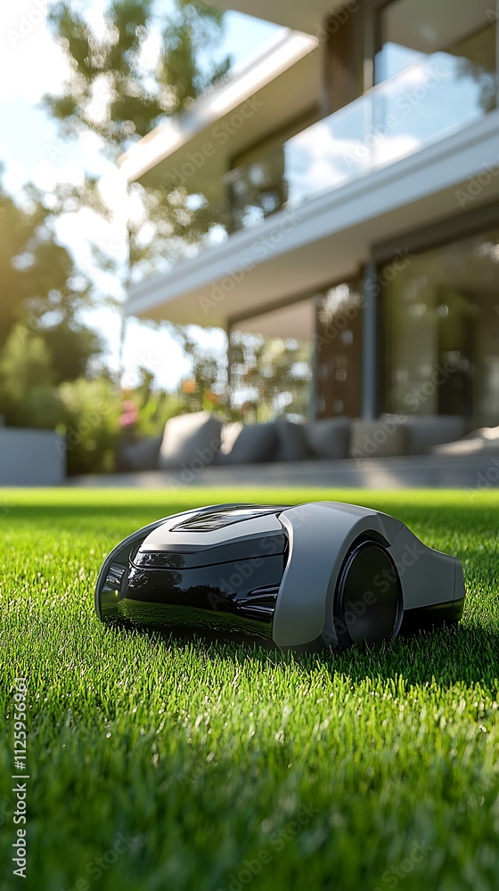 A robotic lawn mower on a well-maintained lawn near a modern house. A robotic lawn mower on a well-maintained lawn near a modern house.