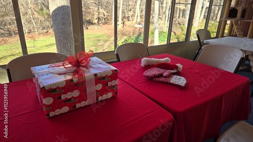 a gift and mittens on a table