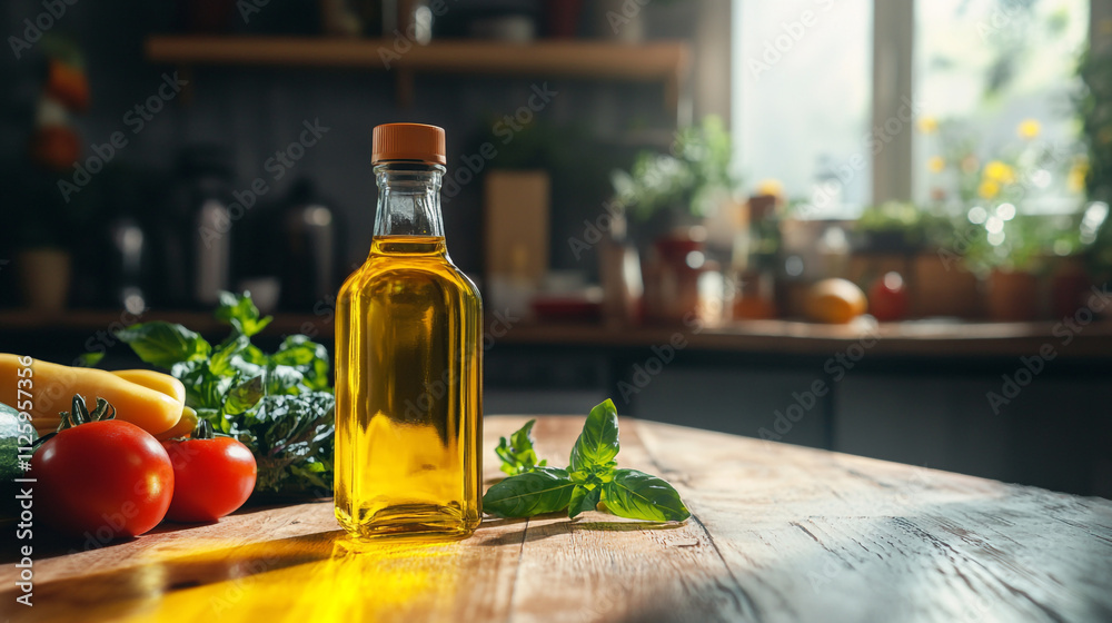 Olive oil with fresh vegetables in a sunlit kitchen during afternoon cooking Olive oil with fresh vegetables in a sunlit kitchen during afternoon cooking
