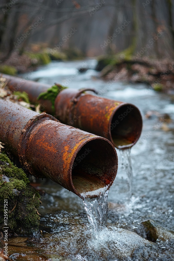 Rustic industrial drainage pipes in use: Aging industrial pipes, with rust details and moss growth, carrying water into a natural stream, symbolizing utility and time. Rustic industrial drainage pipes in use: Aging industrial pipes, with rust details and moss growth, carrying water into a natural stream, symbolizing utility and time.