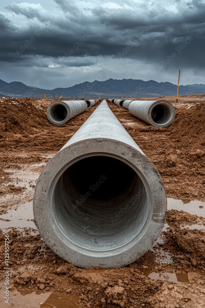 Stormwater drainage pipe system design: Multiple concrete pipes aligned systematically on a construction site, emphasizing their size and durability under cloudy skies. Stormwater drainage pipe system design: Multiple concrete pipes aligned systematically on a construction site, emphasizing their size and durability under cloudy skies.