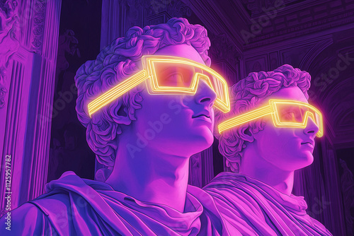Renaissance marble statues dressed in neon vr glasses digital art gallery virtual aesthetic