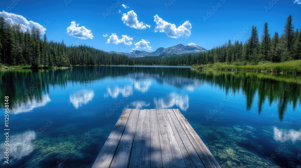 A serene lake with a wooden dock, reflecting the clear blue sky and lush greenery, creating a peaceful and relaxing scene. A serene lake with a wooden dock, reflecting the clear blue sky and lush greenery, creating a peaceful and relaxing scene.
