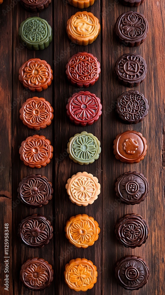 Colorful mooncakes arranged on wooden background. Colorful mooncakes arranged on wooden background.