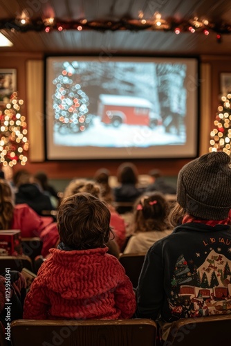A holiday movie screening at the city library. Patrons of all ages are watching classic holiday films in, Generative AI 