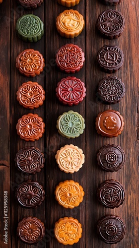 Colorful mooncakes arranged on wooden background.