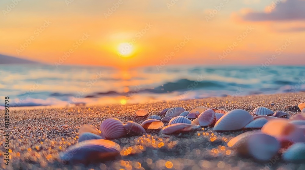 Obraz premium Scattered seashells on sandy beach ocean view closeup photography vibrant sunset coastal serenity