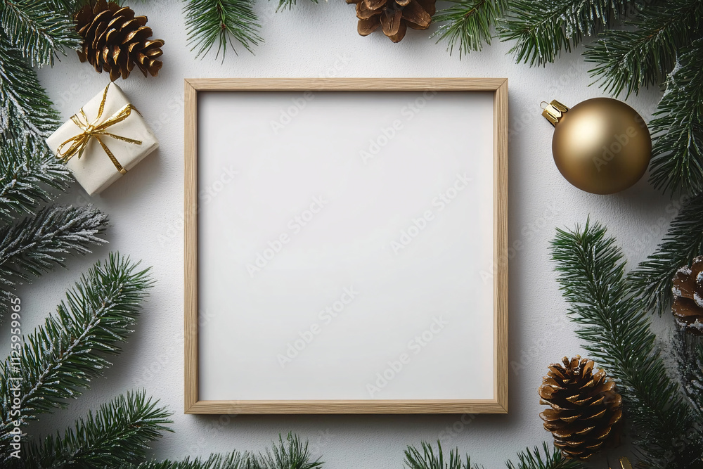 A serene flat lay of a blank picture frame with pine branches, cones, and a gold ornament, perfect for Christmas cards, holiday decor, or festive marketing materials. A serene flat lay of a blank picture frame with pine branches, cones, and a gold ornament, perfect for Christmas cards, holiday decor, or festive marketing materials.