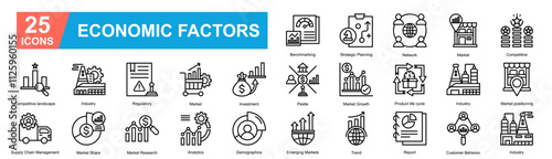 Economic Factors Icon Sheet Benchmarking, Strategic Planning, Market, Network, Competitive, Competitive landscape, Industry, Regulatory, Market, Investment, Pestle, Market Growth