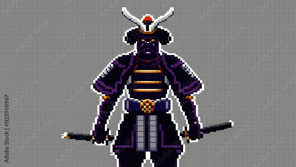 8-bit pixel art of a purple samurai soldier. 8-bit pixel art of a purple samurai soldier.