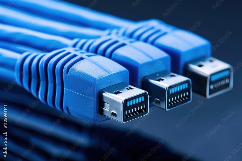Blue network cables with connectors, close-up view. Blue network cables with connectors, close-up view.