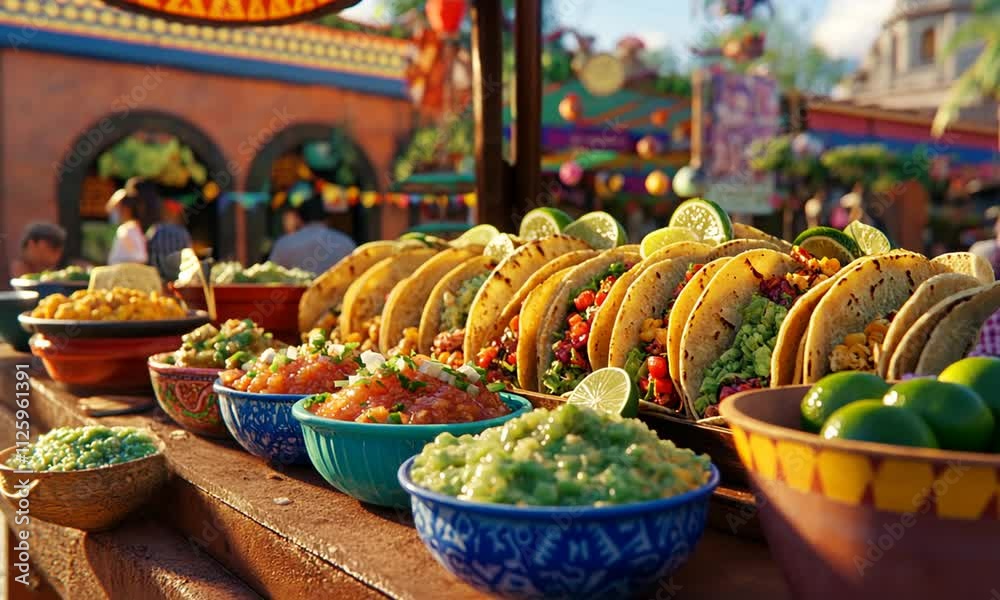 Vibrant array of tacos and various salsas at a festive outdoor Mexican food stand.